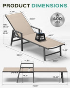 Patio Chaise Lounge Chair Outdoor with Wheels&Armrests, Aluminum Pool Lounge Chairs Set of 2 Five-Position Adjustable Recliner, Outdoor Beach Lounge Chairs for Outside, Patio, Deck, Yard, Khaki