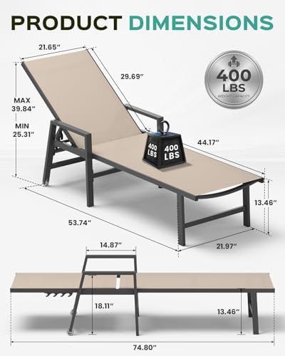 Patio Chaise Lounge Chair Outdoor with Wheels&Armrests, Aluminum Pool Lounge Chairs Set of 2 Five-Position Adjustable Recliner, Outdoor Beach Lounge Chairs for Outside, Patio, Deck, Yard, Khaki