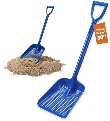 sand sifter for the beach - sifting shovel shown in use