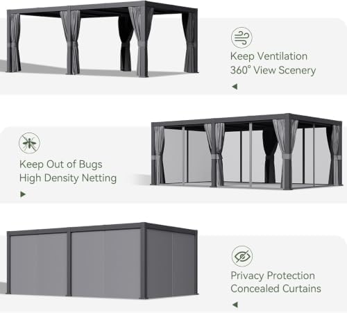 aoxun louvered pergola 12x20 all-aluminum, waterproof curtains and, front angle view