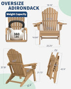 Outdoor HDPE Folding Adirondack Chair Set of 4, High Back Wide Seat Patio Chair with Cup Holders, All-Weather Fire Pit Chair for Garden,Lawn,Poolside, Teak