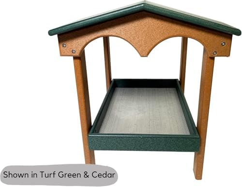 DutchCrafters Recycled Plastic Poly Large Covered Ground Fly Through Raised Platform Bird Feeder with Mesh Seed Tray - USA Amish Made (Turf Green & Cedar)