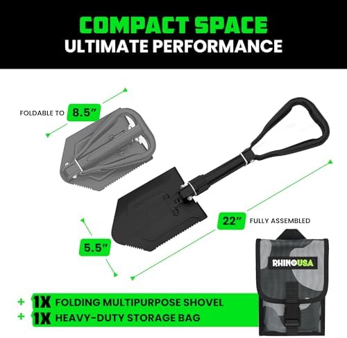 rhino usa folding survival shovel with pick showing dimensions