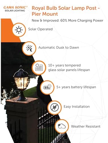 Gama Sonic Outdoor Solar Post Light with Pier Base, Brushed Bronze Finish Aluminum and Rain Glass, Royal Bulb 150 Lumens Warm White LED, Mount on Column or Flat Surface 98B111 Upgraded Panel
