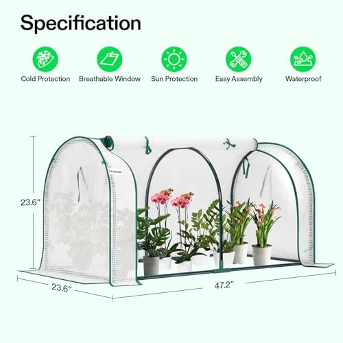 vivosun portable mini greenhouse 47x23x23-inch tunnels, pe cover shown in use