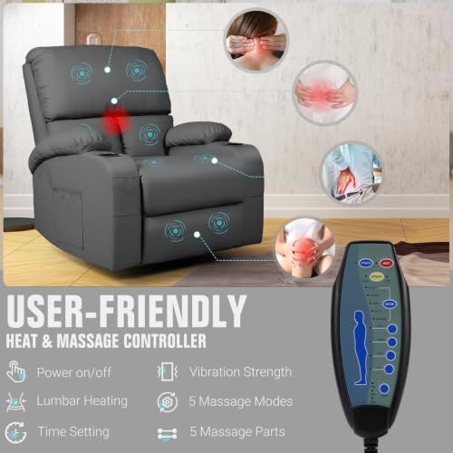 Rocking Recliner Chair, Massage Rocker Recliner Chair with Vibration Massage and Heat, 360° Swivel Faux Leather Chairs, Living Room, Bedroom, Nursery, RV, Dark Grey