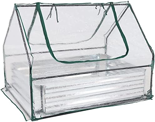 sunnydaze steel raised garden bed with mini greenhouse, front angle view
