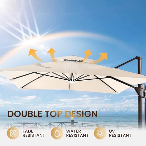 13 ft cantilever patio umbrella outdoor with lights, front angle view
