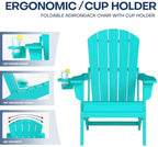 HDPE 3-Piece Folding Adirondack Chair Set, Aruba Blue | 38" Extra Tall Back & Embossed Wood Grain, Oversized HDPE Patio Furniture with Side Table & Cup Holders, All Weather