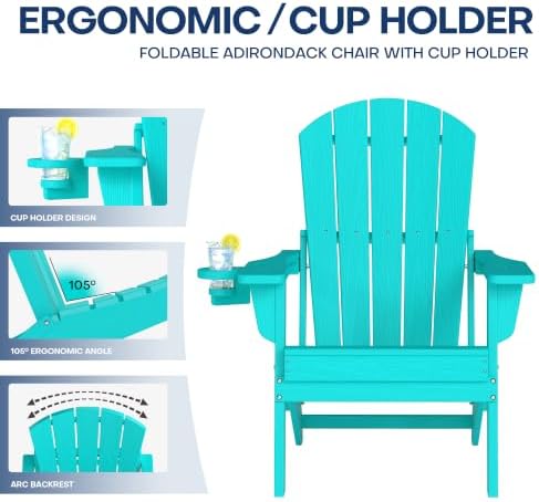 HDPE 3-Piece Folding Adirondack Chair Set, Aruba Blue | 38" Extra Tall Back & Embossed Wood Grain, Oversized HDPE Patio Furniture with Side Table & Cup Holders, All Weather
