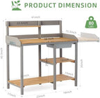 outdoor potting bench with sink, wood garden workstation, close-up detail