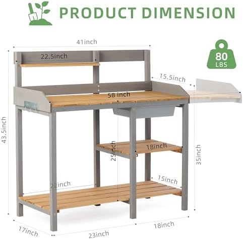 outdoor potting bench with sink, wood garden workstation, close-up detail