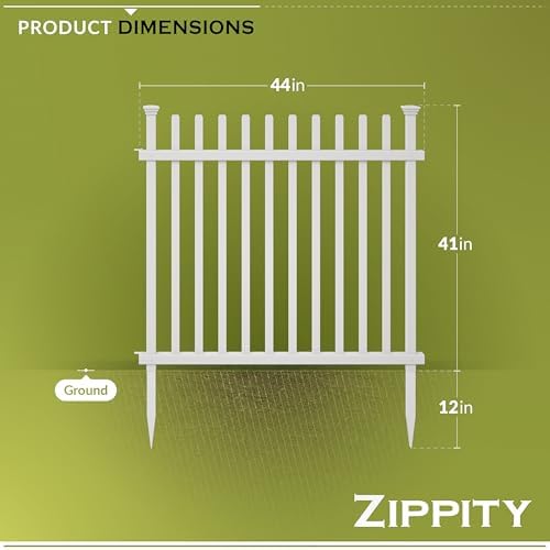 zippity burbank picket fence panels, white vinyl diy showing dimensions