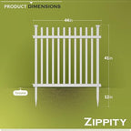 zippity burbank picket fence panels, white vinyl diy showing dimensions