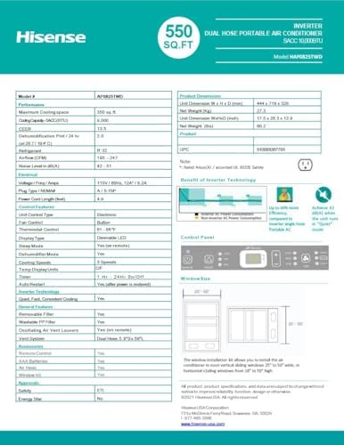 hisense 8,000 btu doe/sacc (10,000 ashrae) portable air showing dimensions