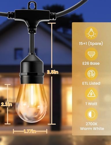 svater outdoor string lights 50 ft outside led, side view