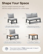 aluminum outdoor patio sofa set, 2 seats modular, front angle view