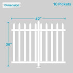 patio vinyl picket fence white panels 36" h showing dimensions