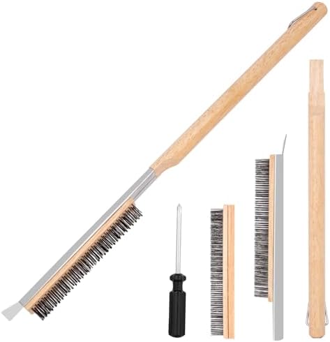 26" Stainless Steel Pizza Oven Brush with Extra Long Heat-Resistant Handle, Stone Scraper, Compatible with Ooni Ovens, Silver/Wood Finish