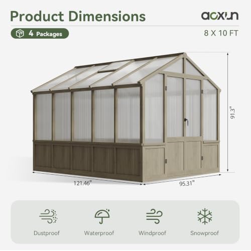 aoxun 8x10 ft wooden greenhouse for outdoors, 6mm, front angle view
