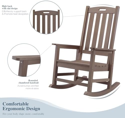 Outdoor Rocking Chairs Set of 2, Oversized Porch Rocker (Brown) | Weather Resistant Rocking Chairs with High Back, Heavy-Duty Large Patio Rocker with 350lbs Weight Capacity for Adult