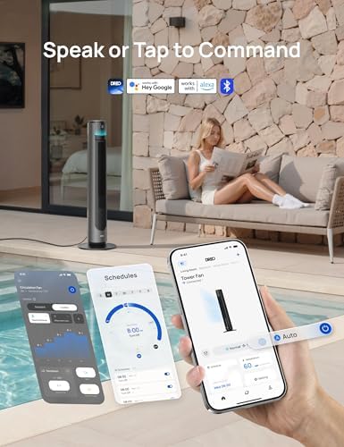 dreo smart tower fan for indoor & outdoor on a desk or shelf