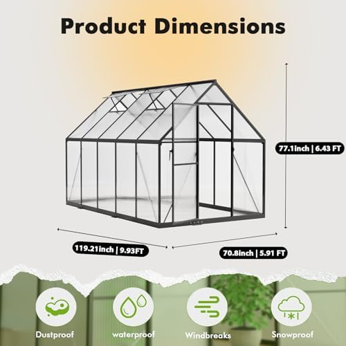 6x10ft greenhouse with thermometers, aluminum greenhouse for outdoors shown in use
