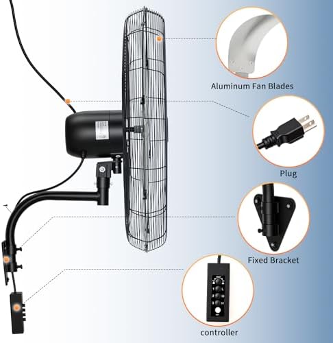 garvee 24 inch wall-mount misting fan, 3-speed ip44 on a desk or shelf