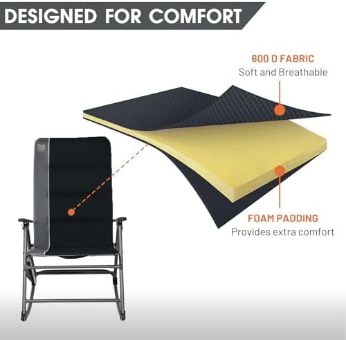 Timber Ridge Oversized Folding Rocking Camping Chair, Padded Outdoor Rocker with High Back, Portable Outdoor Chair for Patio, Garden, Lawn, Supports up to 400 lbs, Black | Foldable Padded Outdoor Rocker with High Back, Portable Outdoor Chair for Patio