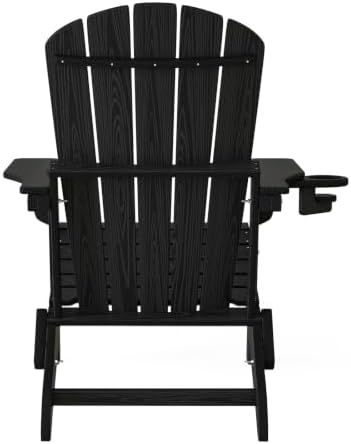 Folding Adirondack Chair Set of 4, Cup Holder，Wooden Textured ，Heavy All-Weather HDPE Comfortable Set Poolside Backyard Lawn Black