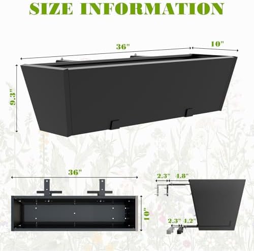 36 inch railing planter boxes, heavy duty metal, side view