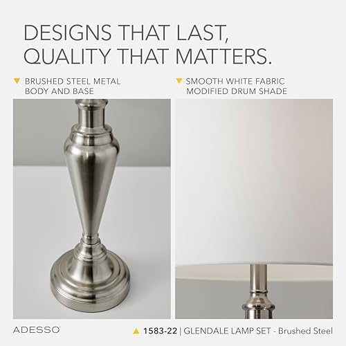 adesso 3-piece lamp set, antique brass & white showing dimensions