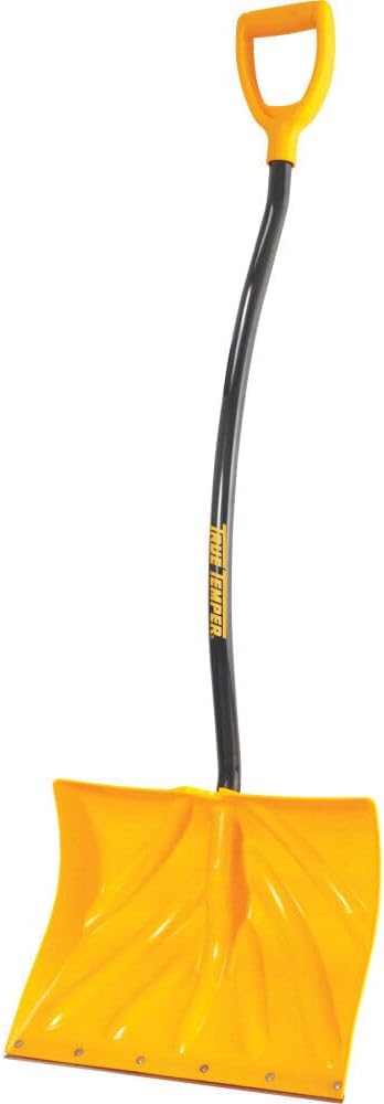 true temper 1603400 poly snow shovel/pusher with ergonomic shown in use