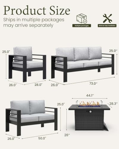 layinsun outdoor aluminum furniture set with fire pit, front angle view