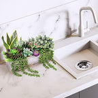 assorted artificial succulents fake plants in rectangular wooden on a desk or shelf
