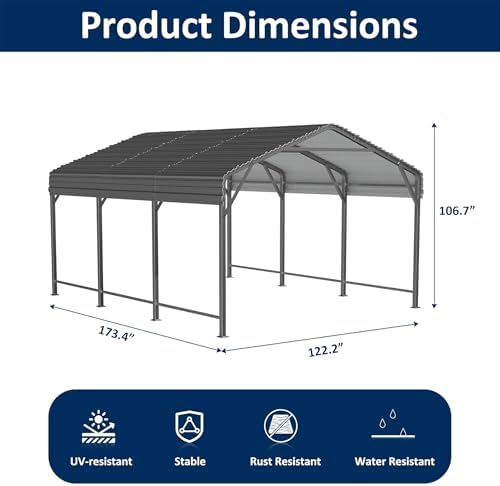 airwire 10x15 ft metal carport canopy with reinforced, side view