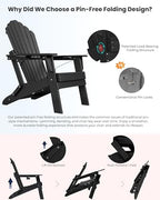 HDPE Folding Adirondack Chair with Dual Cup Holders, Black | Ergonomic High Back HDPE Fire Pit Chair, 380lbs Capacity All-Weather Outdoor Patio Lounge Chair for Garden, Deck, Yard