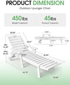Chaise Lounge Outdoor, Lounge Chair Outdoor with Wood Texture, Adjustable 5-Position Backrest, HDPE Lounge Chair with Wheels & Cup Holder for Pool Deck Backyard, White | All-Weather HDPE lounge chair, 5-level adjustable backrest, wheels and cup holder