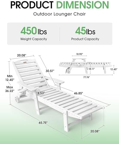 Chaise Lounge Outdoor, Lounge Chair Outdoor with Wood Texture, Adjustable 5-Position Backrest, HDPE Lounge Chair with Wheels & Cup Holder for Pool Deck Backyard, White | All-Weather HDPE lounge chair, 5-level adjustable backrest, wheels and cup holder
