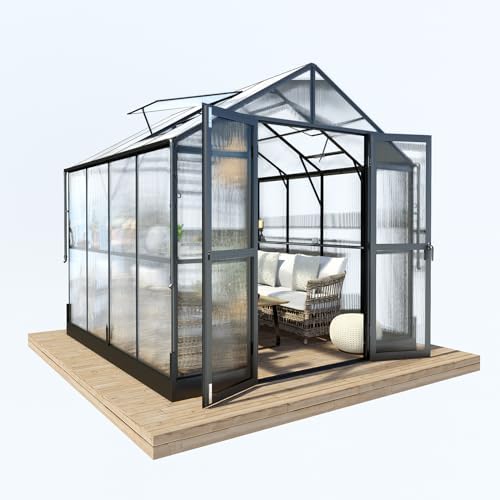 howe 8x8x7.5 ft polycarbonate greenhouse with lockable swing, front angle view