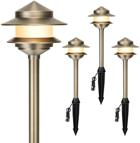 Pagoda Solid Brass Low Voltage Landscape Pathway Lights, 12V LED Heavy Duty Path Lighting Outdoor Wired, Waterproof Antique Bronze Walkway Lights, 4 Pack Without G4 Bulb