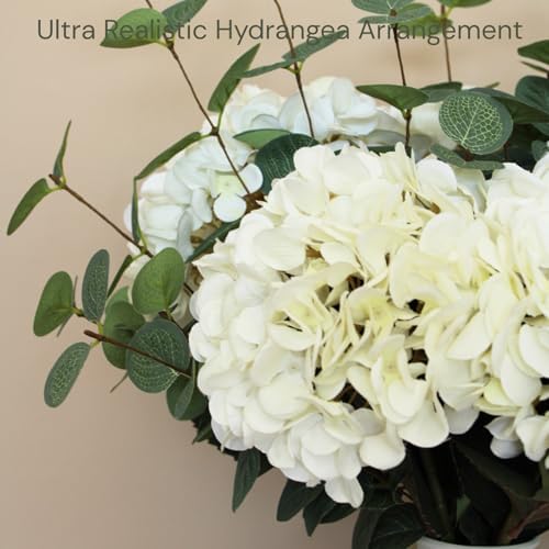 real touch white faux hydrangea and eucalyptus, floral, side view