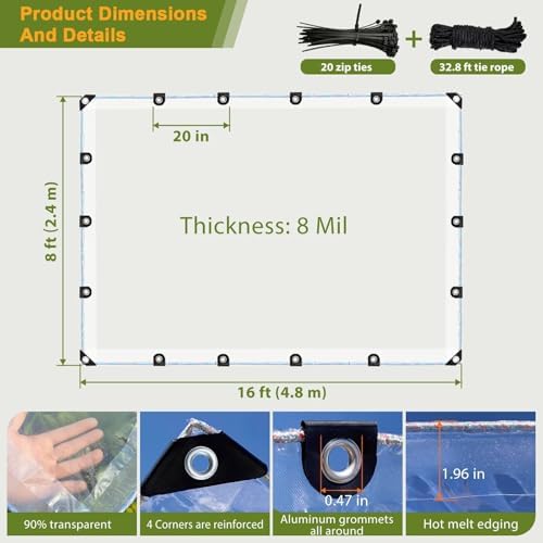 8'x16' 8 mil heavy duty clear vinyl pvc showing dimensions