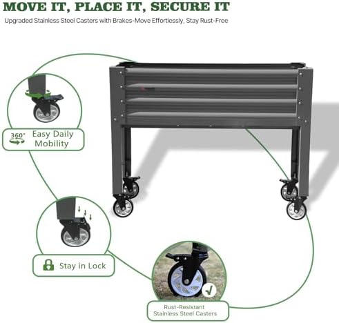 anleolife rolling elevated raised garden bed with wheels showing dimensions