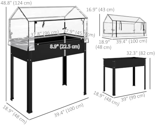 outsunny raised garden bed with flip-up cover, 39.4"x18.9"x48.8" on a desk or shelf