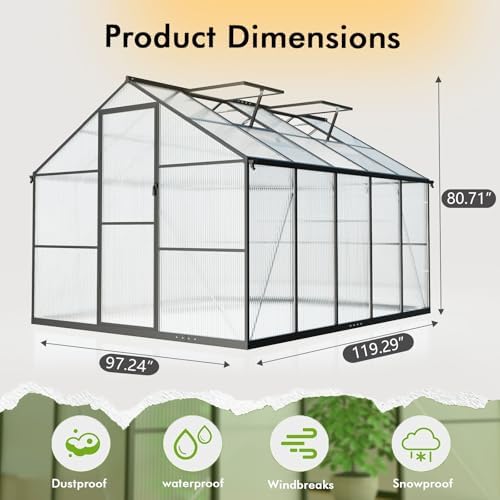 8x10ft greenhouse with thermometers, large aluminum greenhouse for shown in use