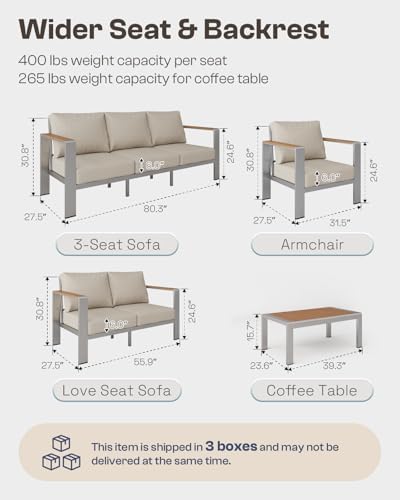 aluminum outdoor patio furniture set with coffee table, front angle view