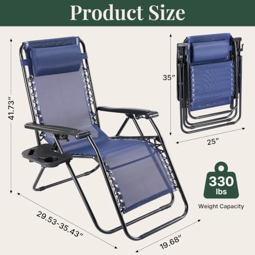 Zero Gravity Chairs Set of 2, Outdoor Folding Lounge Chairs | Reclining Patio Lawn Chairs with Mesh Back, Adjustable Pillows and Cup Holder Trays, for Pool, Beach, Backyard