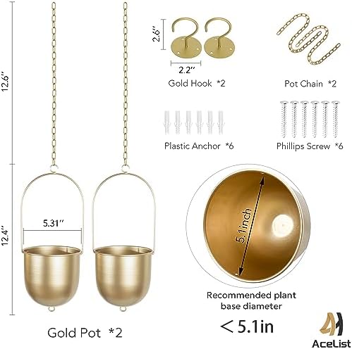 acelist gold metal hanging planter set of 2, side view