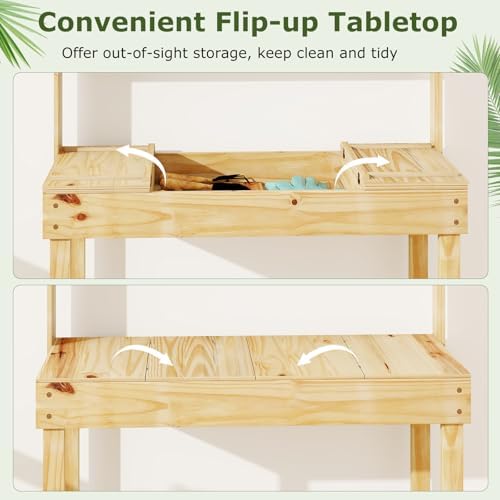 giantex potting bench, outside solid wood potting table, close-up detail